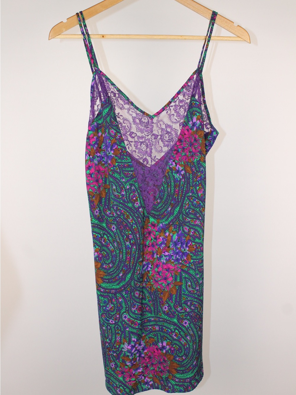 Floral Paisley Slip Dress with Purple Lace Trim
